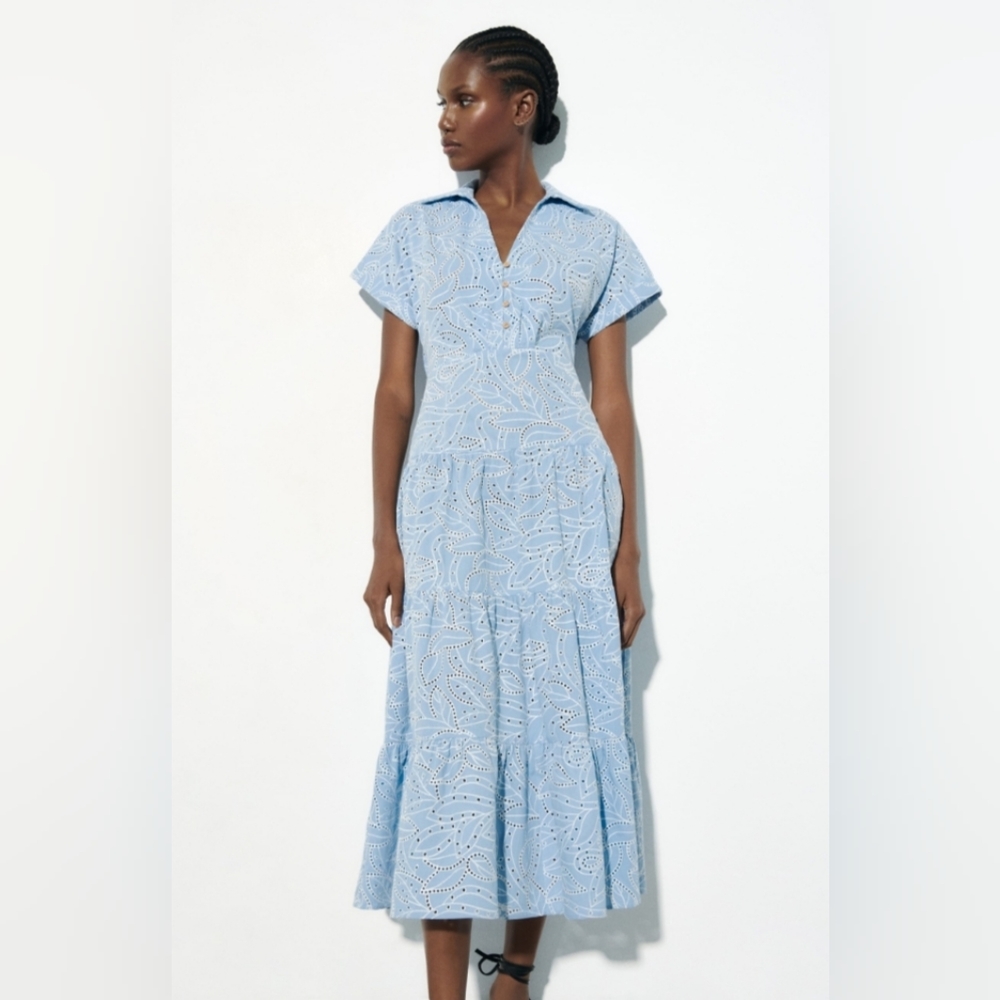 Zara Embroidered Eyelent Shirt Dress Women's
